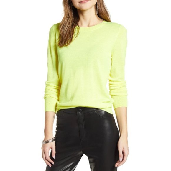 Halogen Crewneck Merino Wool Blend Sweater‎ Neon Yellow M - Picture 1 of 6